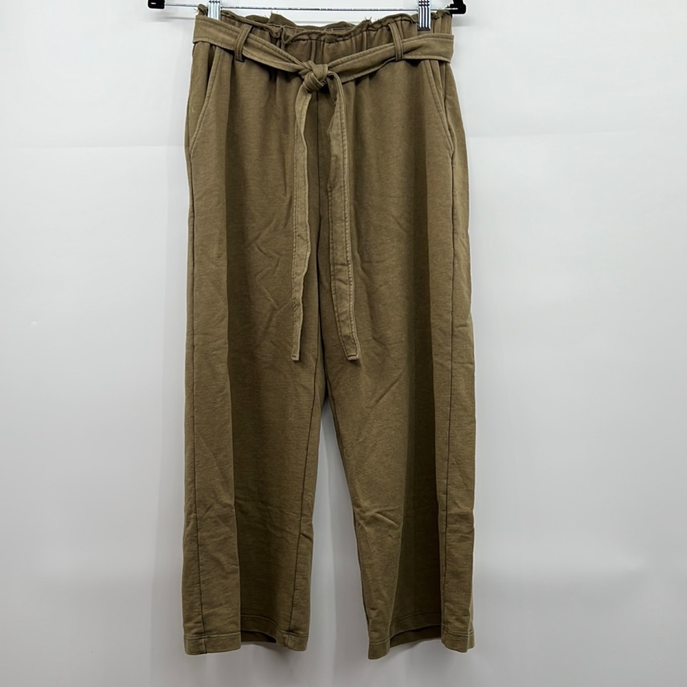 🆕Olive Green French Terry Paperbag Waist Tie High Waist Wide Leg Pants S,M & L - Picture 3 of 16